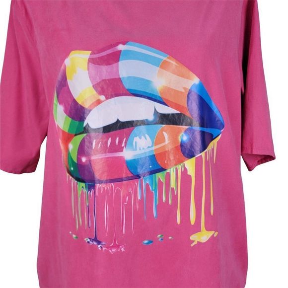 Unbranded Pink Colorful Lip Print Midi Shift Short Sleeves Pocket Dress Size XL - Picture 6 of 10